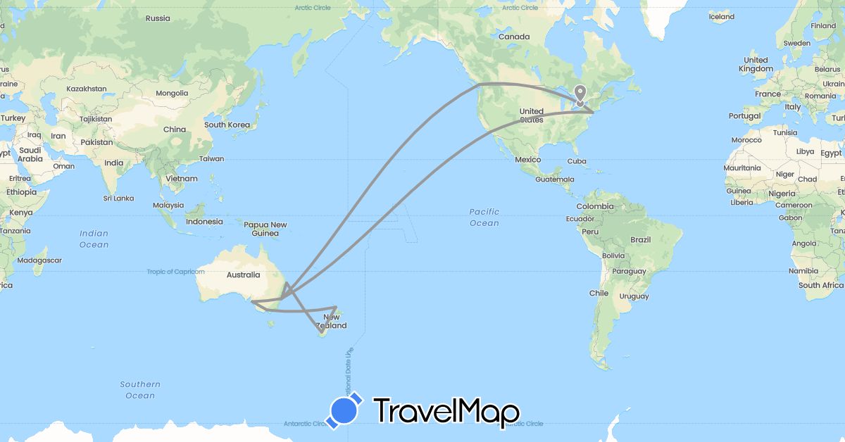 TravelMap itinerary: driving, plane in Australia, Canada, New Zealand, United States (North America, Oceania)